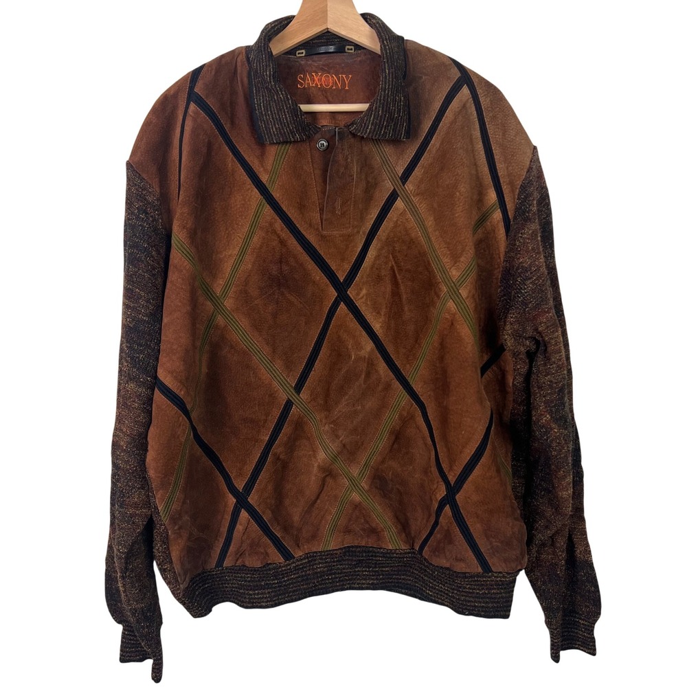 SAXONY Sweater Mens XL Vintage Brown Leather Suede Knit‎ Polo 90s Hiphop Y2k